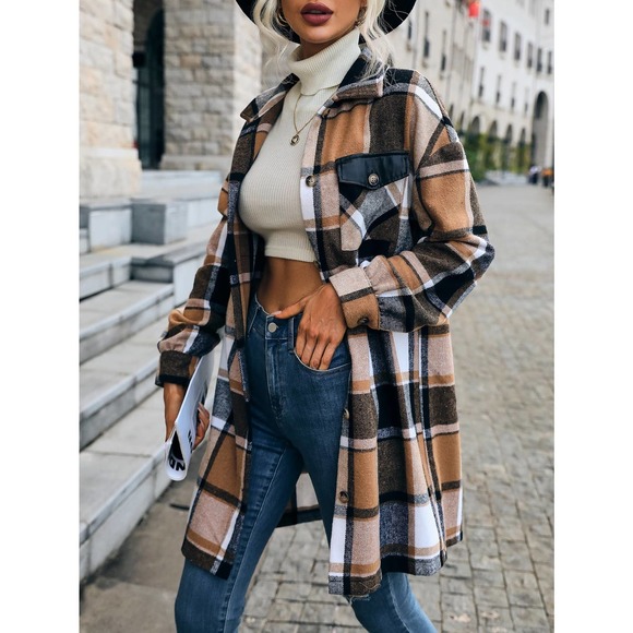 Preppy long Plaid Print Flap Pocket shacket jacket boyfriend - Picture 3 of 4